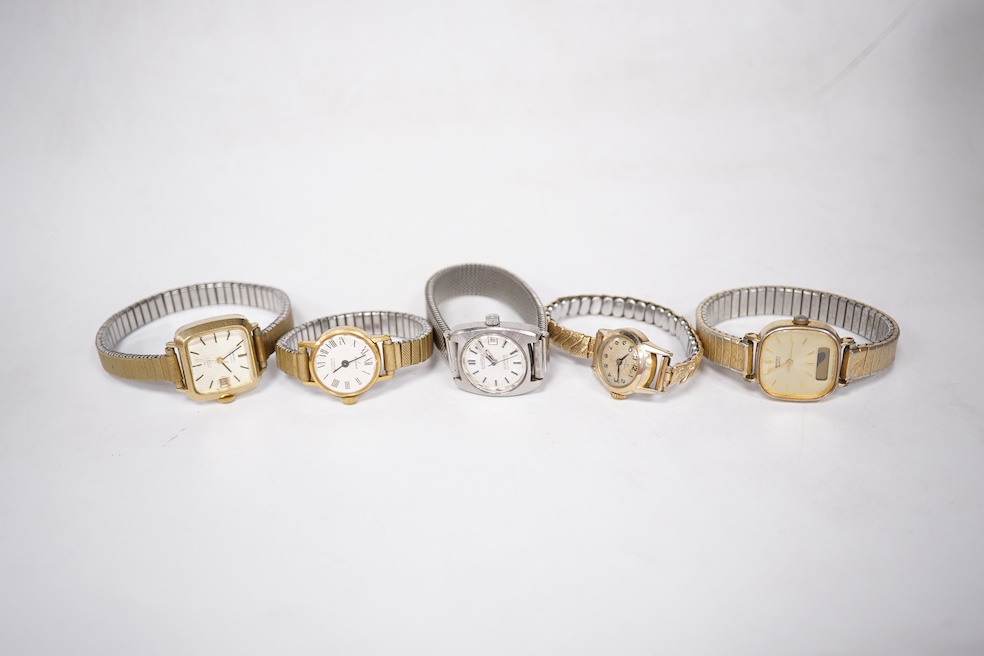 A collection of seven gentleman's assorted mainly steel wrist watches including two Tissot, a Timex, Ingersoll, Montine, Kingston and Sekonda, together with six assorted lady's mainly steel wrist watches including Seiko,